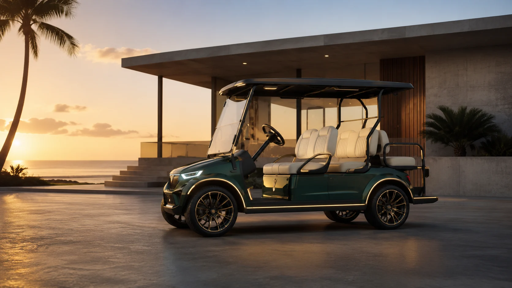Cortéa luxury electric golf cart parked at a coastal villa at sunset